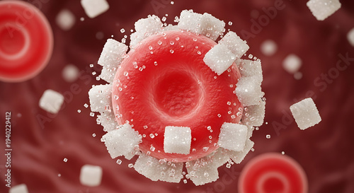 Red blood cell erythrocyte surrounded by white sugar cubes representing chronic diabetes risk hyperglycemia and glucose impact on health medical concept 3D rendering illustration.