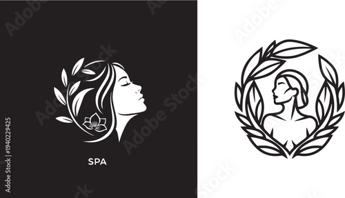 A diverse collection of elegant vector logos featuring women's profiles intertwined with botanical leaves and floral wreaths. Minimalist line art and vibrant silhouettes for beauty and spa.