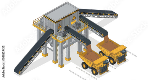 Isometric Mining Operation with Conveyor Belts and Dump Trucks.