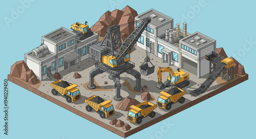 Isometric Mining and Construction Site with Heavy Machinery.
