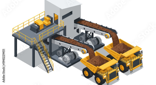 Isometric Mining Operation with Conveyor Belts and Dump Trucks.