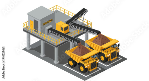Isometric Mining Operation with Dump Trucks and Conveyor System.
