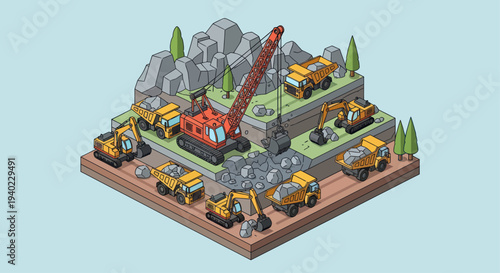 Isometric Mining Site with Heavy Machinery and Excavation Work.