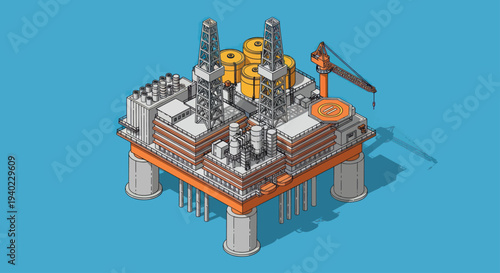 Isometric Offshore Oil Rig Platform for Energy Production.