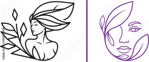 A comprehensive collection of elegant vector logos featuring women's profiles intertwined with botanical leaves and floral wreaths. Minimalist line art and colorful silhouettes for beauty and spa.
