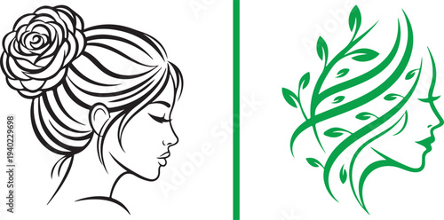 Two elegant feminine logos featuring a woman with a rose bun and a profile with vine-like hair. Minimalist green and black vector art ideal for hair salons, florist shops, and organic beauty brands.
