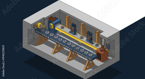 Isometric view of a complex industrial machine with conveyor belt system.