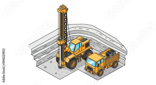 Isometric view of a construction site with a drilling rig and a dump truck.