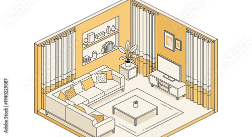 Isometric View of a Cozy Living Room with Modern Furniture and Decor.