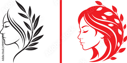 A comprehensive set of minimalist vector logos featuring women's profiles intertwined with botanical leaves and wreaths. Elegant line art and vibrant silhouettes for beauty, spa, and wellness.