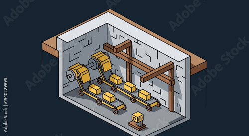 Isometric view of a gold bar production line inside a secure vault.