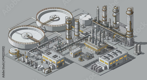 Isometric view of a detailed industrial water treatment plant.