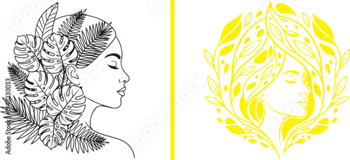 Two minimalist feminine logos featuring woman profiles with tropical leaves. Elegant black line art and vibrant yellow silhouette designs, perfect for exotic spa and botanical beauty branding.