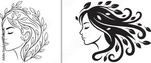 Extensive set of elegant vector logos featuring women's profiles intertwined with various botanical elements. Minimalist line art and high-contrast silhouettes representing beauty, spa, and wellness.