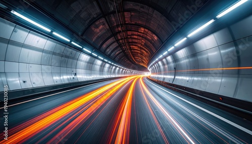 High-speed light trails blur through a modern illuminated highway tunnel.