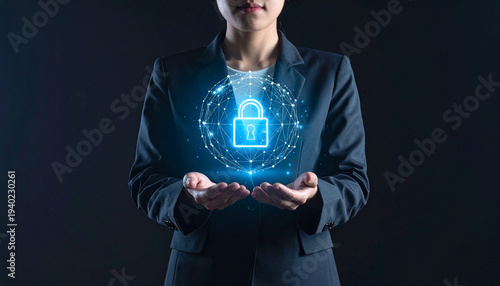 Businessperson in suit holds glowing digital lock with network pattern, symbolizing cybersecurity, secure communication, and data protection in a modern tech context.