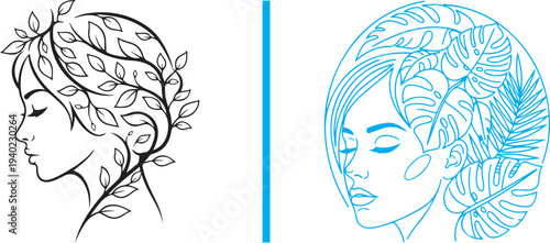 Extensive collection of elegant vector logos featuring women's profiles intertwined with botanical leaves and floral wreaths. Minimalist line art and colorful silhouettes for beauty and spa.