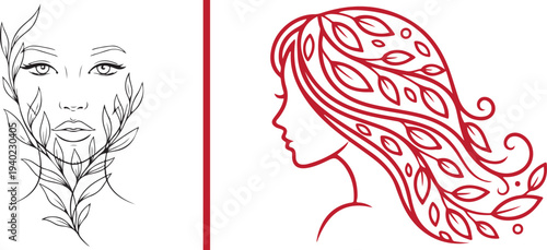 A comprehensive collection of elegant vector logos featuring women's profiles intertwined with botanical leaves and floral wreaths. Minimalist line art and colorful silhouettes for beauty and spa.