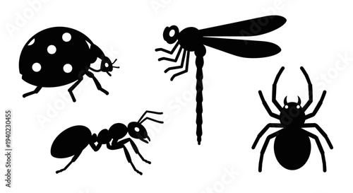 Insect and Bug Silhouettes Set: Ladybug, Dragonfly, Ant, and Spider Icons