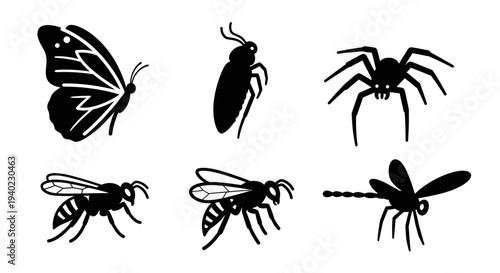 Insect and Bug Silhouettes Set: Butterfly, Spider, Bee, Wasp, Dragonfly Vector Icons