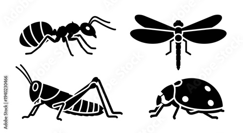 Insect Silhouettes Collection: Ant, Dragonfly, Grasshopper, Ladybug Icons