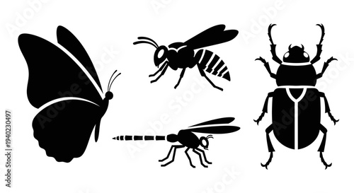 Insect Silhouettes Collection: Butterfly, Wasp, Dragonfly, and Beetle Vector Icons