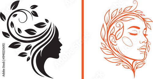 A comprehensive set of feminine vector logos featuring woman profiles integrated with diverse botanical leaves and wreaths. Elegant minimalist designs in various colors for beauty and wellness.