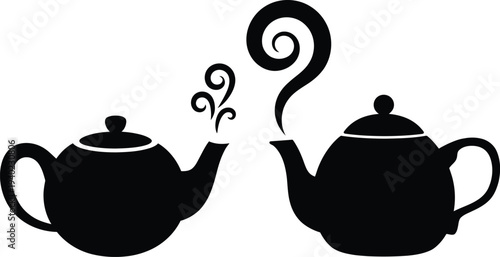 Two classic tea pot icons with decorative smoke curly steam design elements for breakfast afternoon tea or herbal drink vector.
