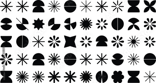 Versatile set of brutalist aesthetic vector elements including radial sunbursts and geometric icons for contemporary branding and poster art decorations.
