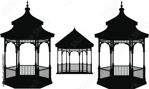 Garden gazebo silhouettes featuring ornate pavilion structures for outdoor wedding event planning architectural landscape design and park illustrations.