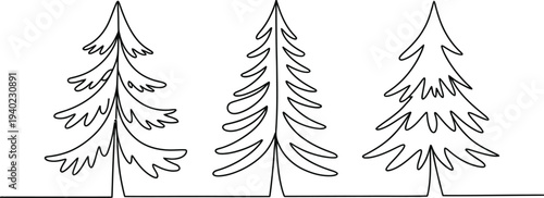 Continuous one line drawing of three pine trees minimalist forest evergreen vector illustration for natural winter mountain landscape logo design.