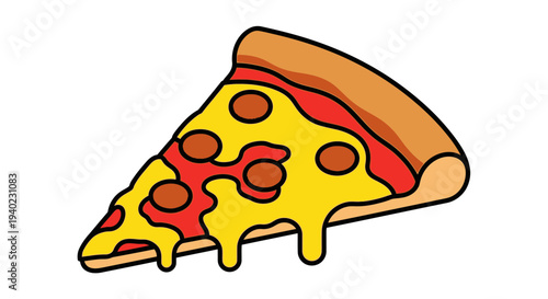 A delicious slice of pepperoni pizza with melted cheese and tomato sauce on a crispy crust viewed from a 45-degree angle in a digital illustration style