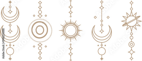 Bohemian celestial vector set featuring mystic moon phases and sun symbols with geometric sacred alchemy line art for spiritual branding.