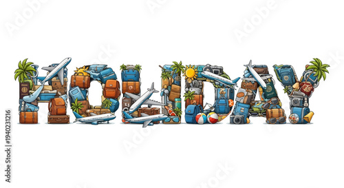 A vibrant holiday scene with airplanes, palm trees, and suitcases arranged to form the word 'HOLIDAY' in a colorful and lively illustration.