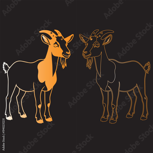 Minimalist vector illustration of a pair of goats, featuring one solid filled style and one line art style. Perfect for farm logos, animal themed branding, or rustic decor designs.