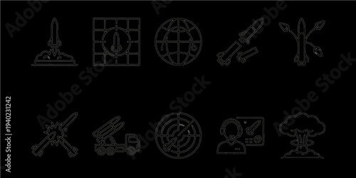 Tactical missile defense system and military warfare line icons set with rocket launchers radar and ballistic missiles