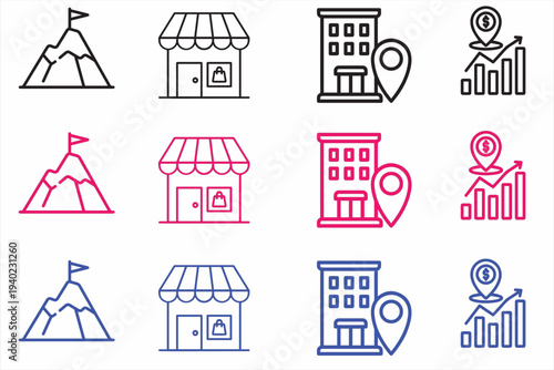 Business growth and success icon set. Vector illustration of linear symbols representing mountain peak achievement, retail store front, office building location, and financial profit chart in black,