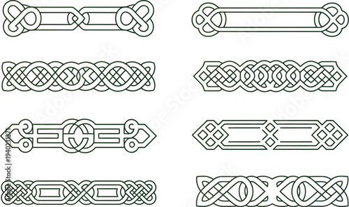 Collection of green Celtic knot border designs and ethnic decorative dividers with intricate line work patterns isolated on white background vector.