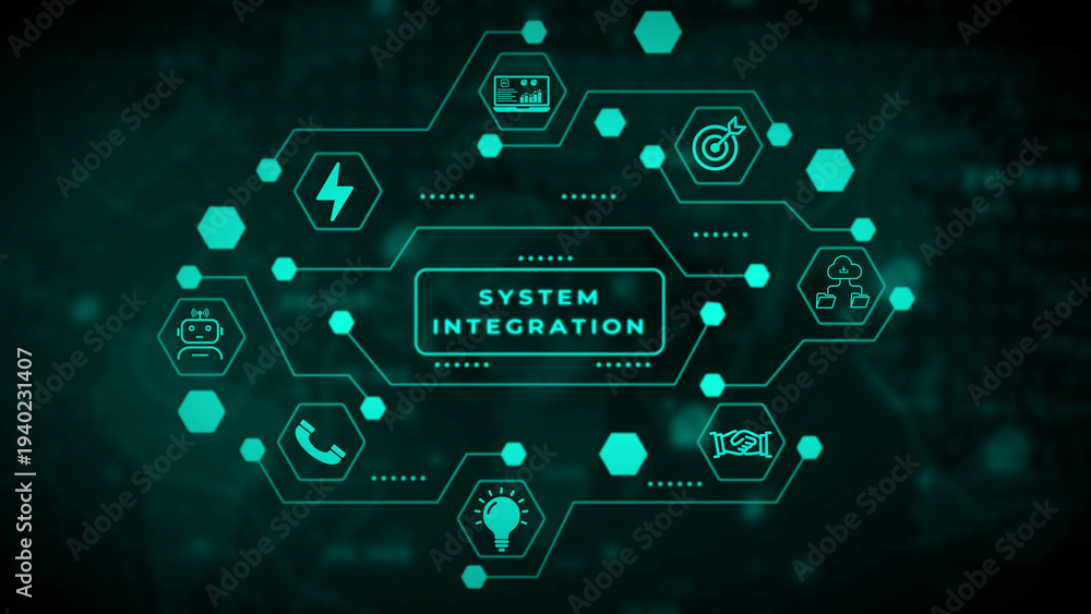 Obraz premium System integration network of interconnected in teal green against a dark, blurred circuit board background, representing technological connectivity, data flow, and complex system operations