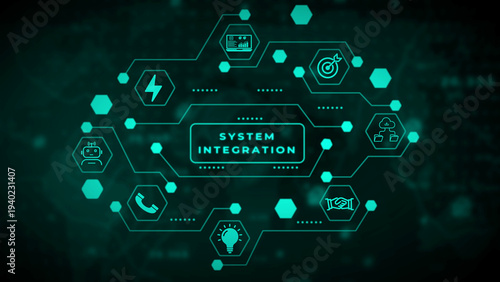 System integration network of interconnected in teal green against a dark, blurred circuit board background, representing technological connectivity, data flow, and complex system operations