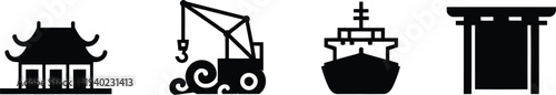 Flat design collection of cultural landmarks and maritime logistics symbols including oriental architecture and industrial vessel icons for international trade.