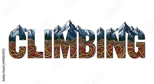 A scenic typographic representation of climbing mountains with a mix of natural textures and vibrant patterns inside the letters from a straightforward viewpoint.