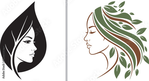 A diverse collection of elegant vector logos featuring women's profiles intertwined with botanical leaves and floral wreaths. Minimalist line art and high-contrast silhouettes for beauty and spa.