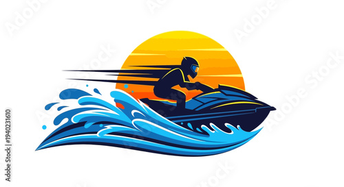 Jet Ski Sunset Illustration – Water Sport Rider Vector Graphic Design