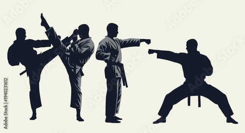 Karate Fighters Silhouette Set – Martial Arts Combat Action Vector Illustration