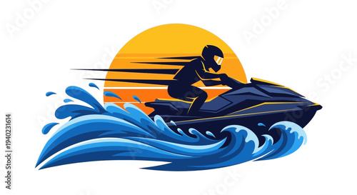 Jet Ski Sunset Illustration – Water Sport Rider Vector Graphic Design