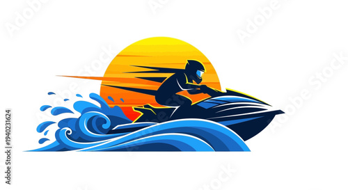 Jet Ski Sunset Illustration – Water Sport Rider Vector Graphic Design