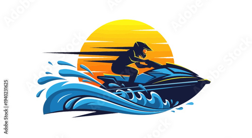 Jet Ski Sunset Illustration – Water Sport Rider Vector Graphic Design