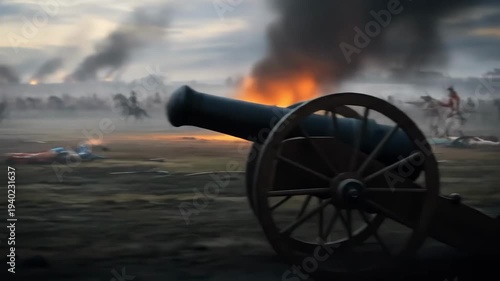 Intense historical battle scene with soldiers fighting, cannons firing, and explosions amidst smoke on a chaotic battlefield.