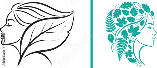 A diverse collection of elegant feminine logos featuring woman profiles integrated with lush botanical leaves, ferns, and wreaths. Minimalist line art in various colors for wellness and spa brands.